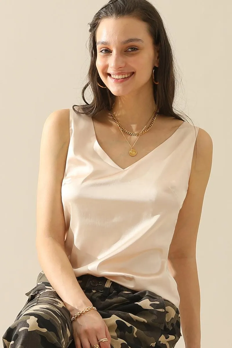 DEEP V NECK SATIN SLEEVELESS TUNIC TOP