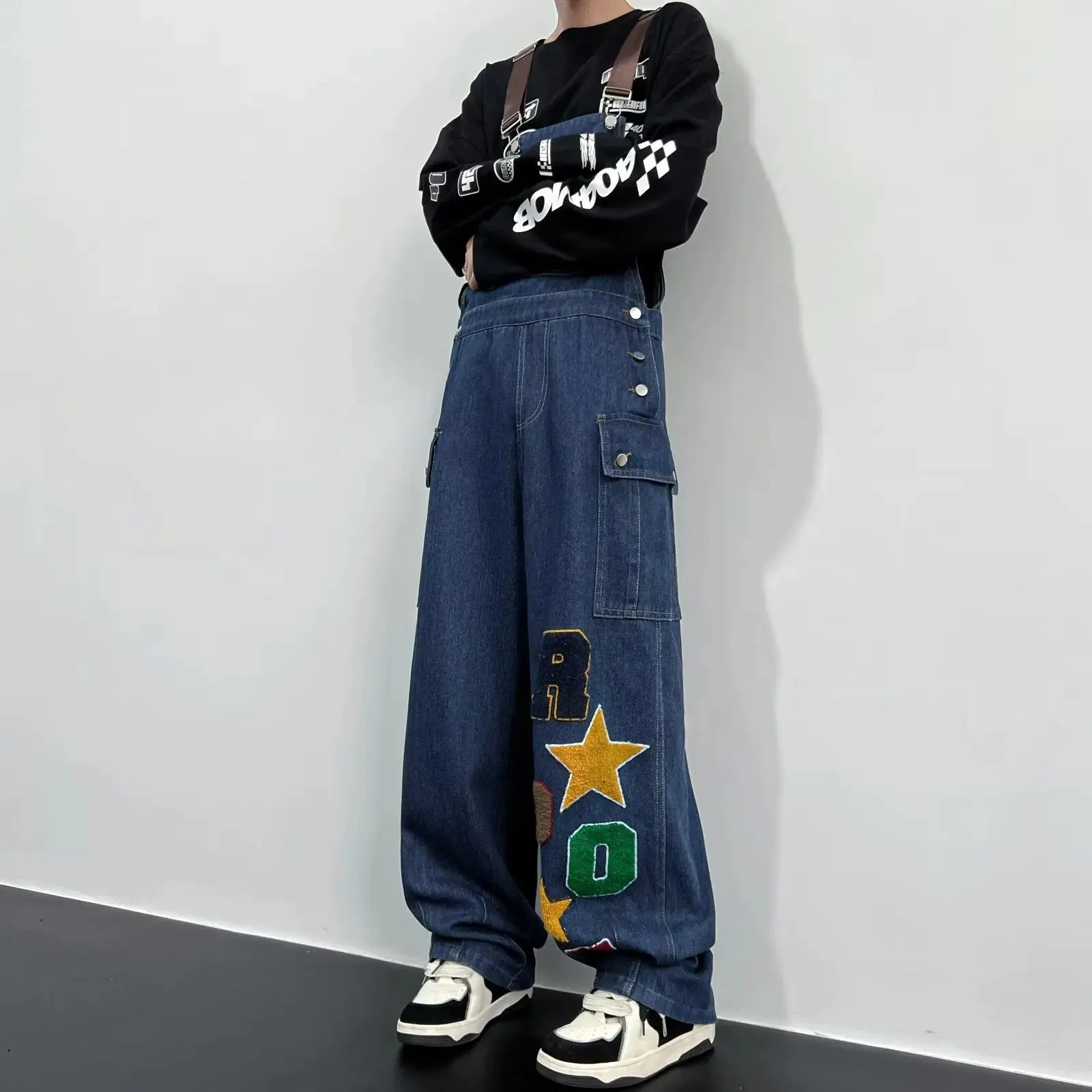 Hnzxzm Y2K Cargo Jeans Jumpsuit for Men Streetwear Hip Hop Punk Loose Denim Bodysuits Overalls Male Japanese Print Pocket Pants