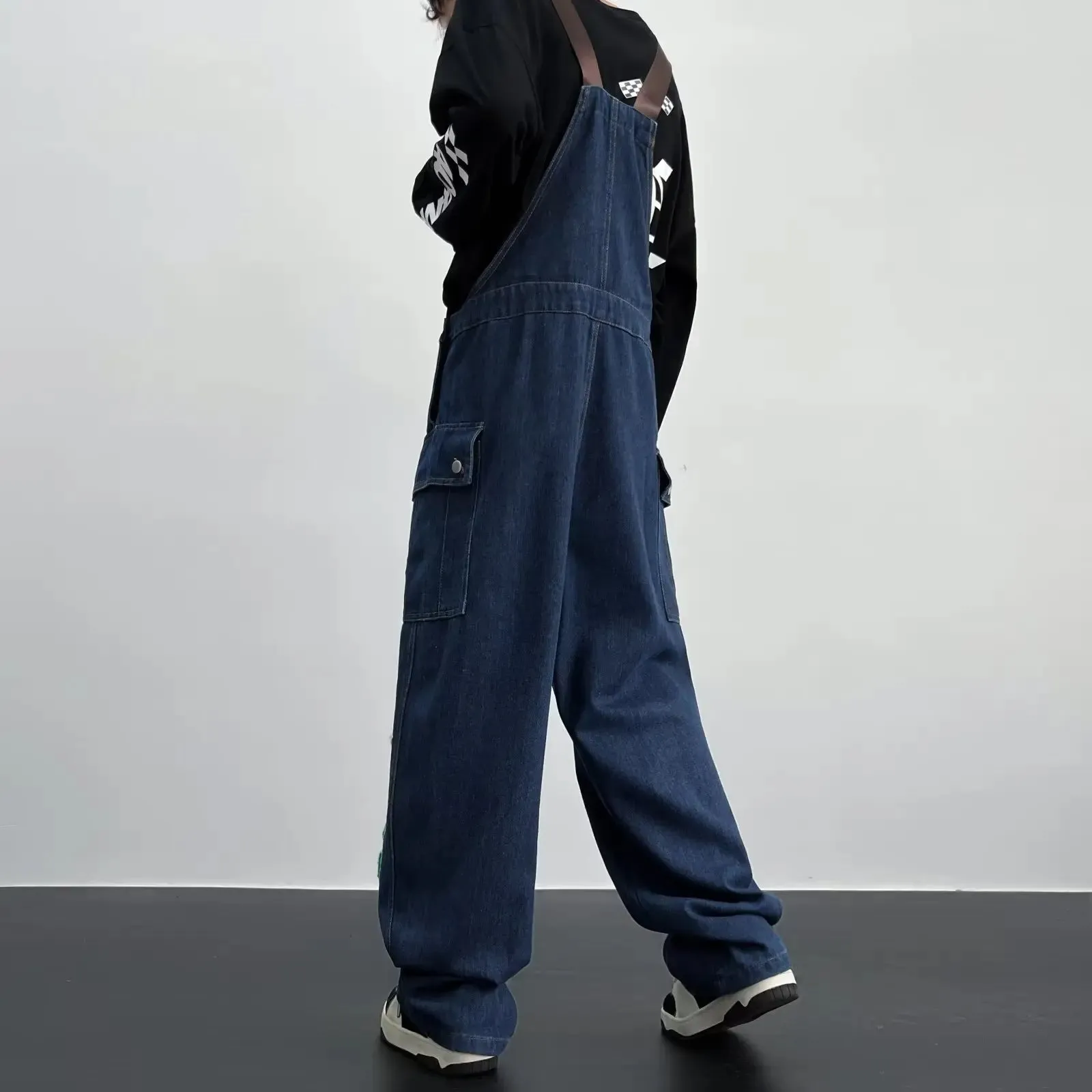 Hnzxzm Y2K Cargo Jeans Jumpsuit for Men Streetwear Hip Hop Punk Loose Denim Bodysuits Overalls Male Japanese Print Pocket Pants