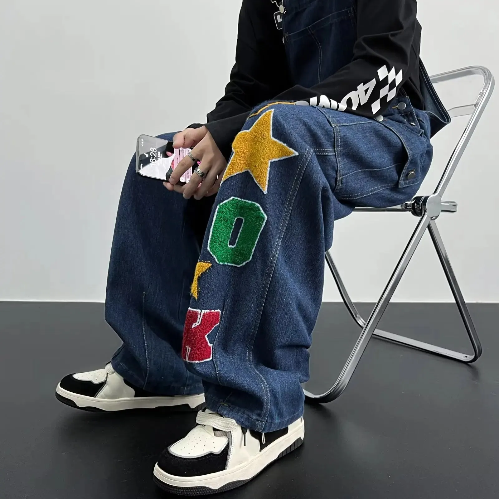 Hnzxzm Y2K Cargo Jeans Jumpsuit for Men Streetwear Hip Hop Punk Loose Denim Bodysuits Overalls Male Japanese Print Pocket Pants