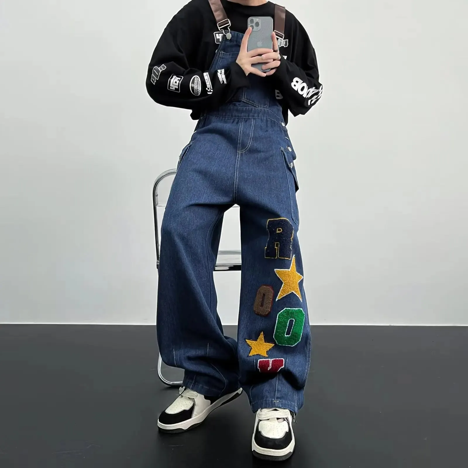 Hnzxzm Y2K Cargo Jeans Jumpsuit for Men Streetwear Hip Hop Punk Loose Denim Bodysuits Overalls Male Japanese Print Pocket Pants