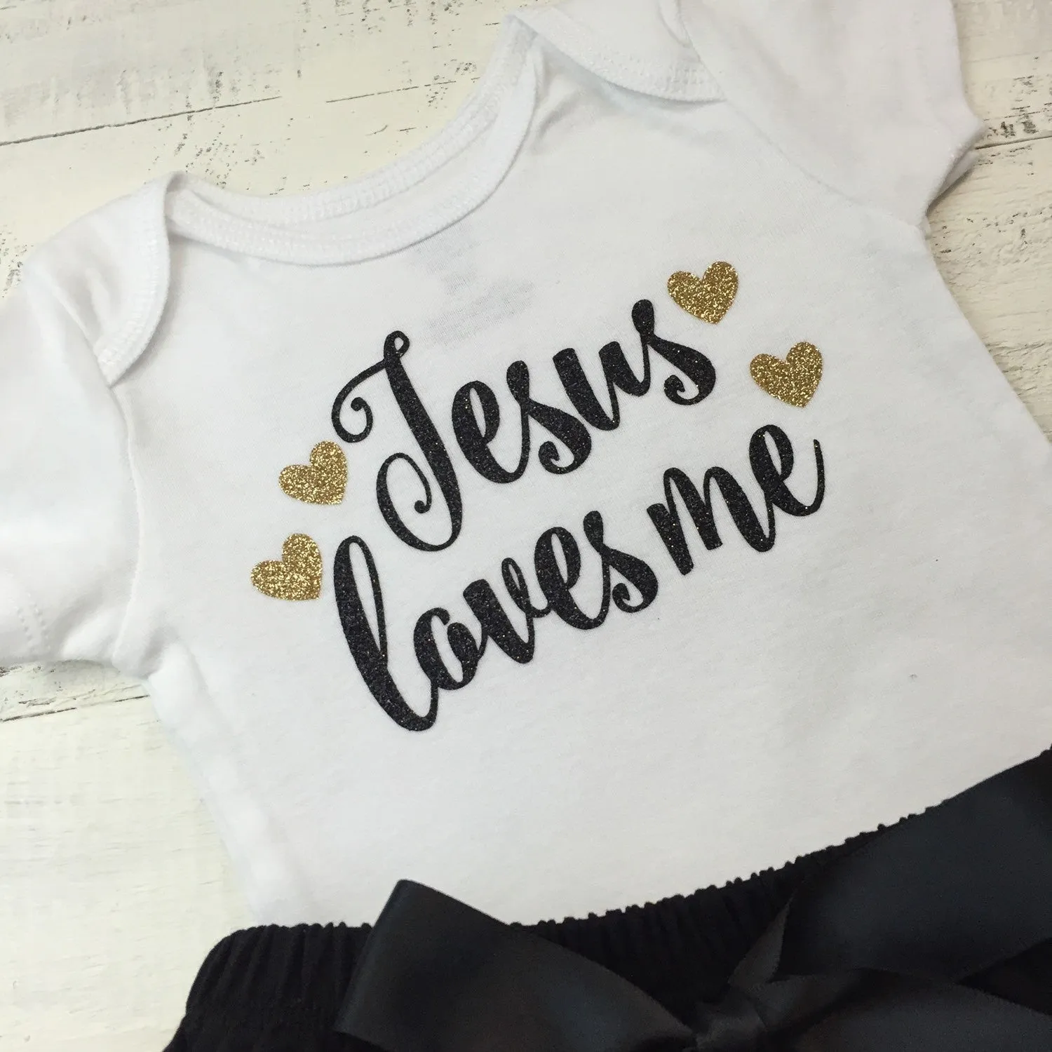 Jesus loves me - Black and Gold Glitter bodysuit