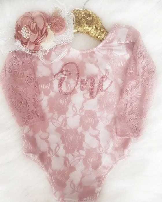 Kryssi Kouture First Birthday Dusty Lace Leo Sets with Rose Gold One