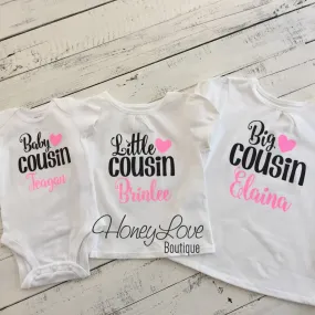 PERSONALIZED Cousin Bodysuits and Shirts - Black and Neon Pink Glitter