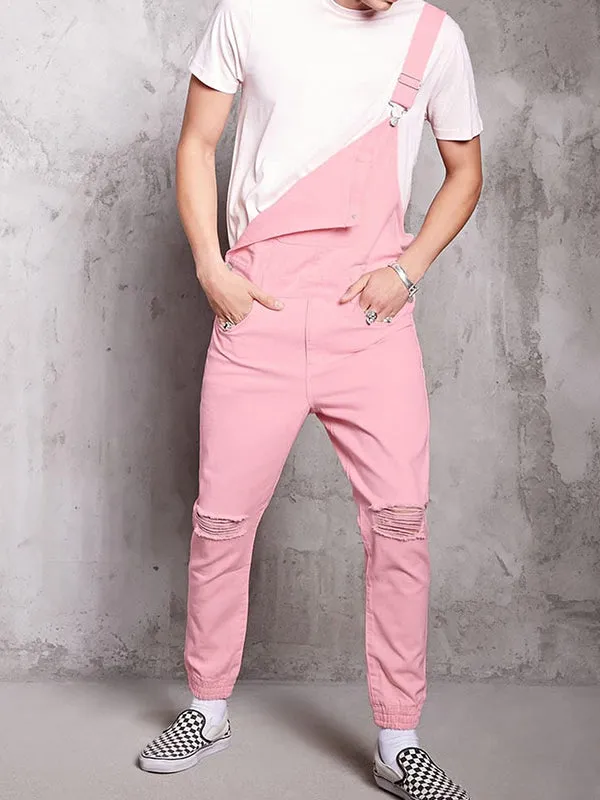 Pink Retro Denim Ripped Shorts Jumpsuit