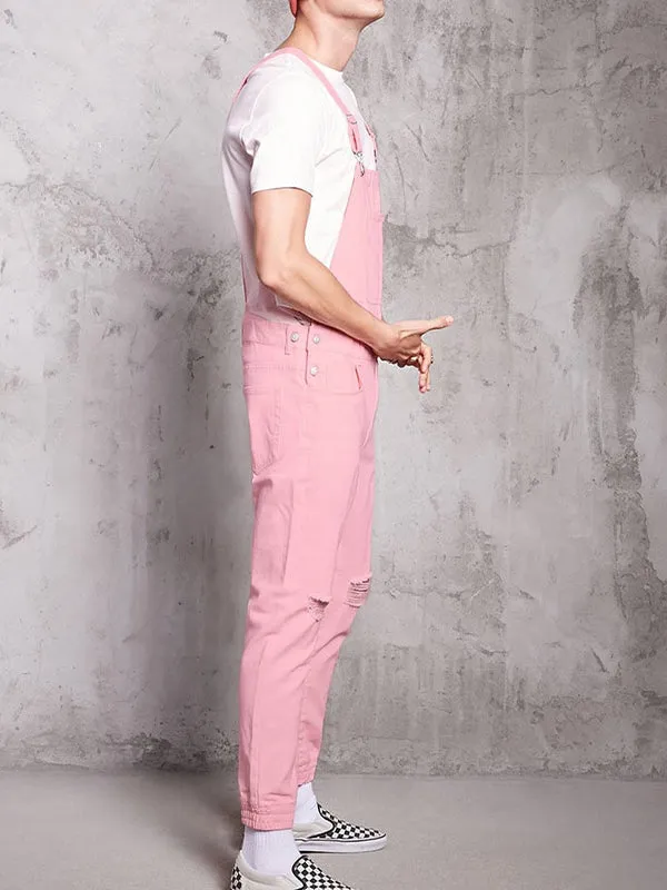 Pink Retro Denim Ripped Shorts Jumpsuit