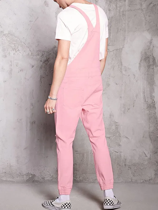 Pink Retro Denim Ripped Shorts Jumpsuit
