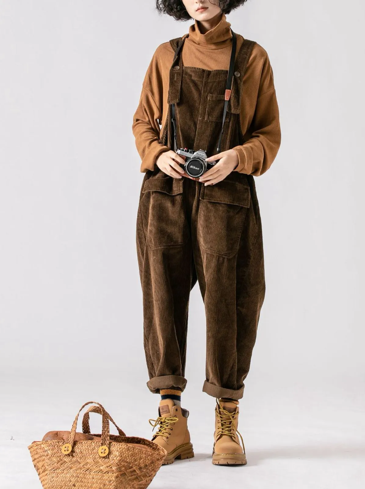 Warm Spring Women Jumpsuit Causel Overalls Corduroy Wide leg Trouser